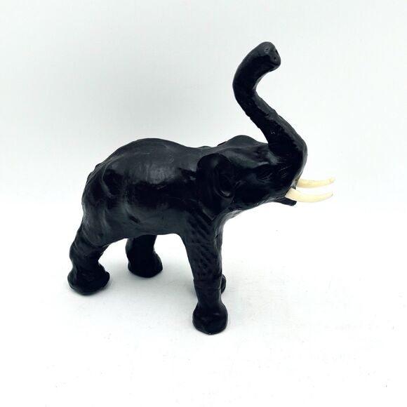 Vintage Leather Wrapped Elephant Figure Good Luck Trunk Up w Tusks - Picture 7 of 10